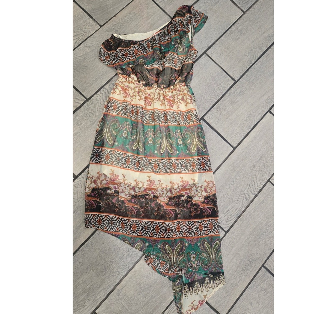 Blu Pepper One Shoulder Boho Paisley Geometric Asymmetrical Midi Dress Small